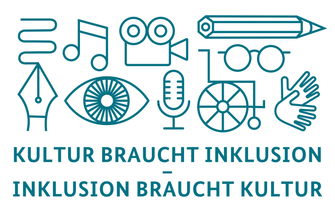 Grafik: Verschiedene petrolfarbene Icons auf weißem Hintergrund (Stift, Musiknote, Auge, Kamera, Mikrofon, Stift, Rollstuhl, Brille, gebärdende Hände), darunter der Text KULTUR BRAUCHT INKLUSION - INKLUSION BRAUCHT KULTUR. (Quelle: Behindertenbeauftragter) Grafik: Verschiedene petrolfarbene Icons auf weißem Hintergrund (Stift, Musiknote, Auge, Kamera, Mikrofon, Stift, Rollstuhl, Brille, gebärdende Hände), darunter der Text KULTUR BRAUCHT INKLUSION - INKLUSION BRAUCHT KULTUR.