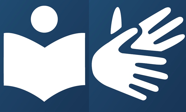 Zwei Symbole: Links das Symbol für Leichte Sprache, rechts für Gebärdensprache