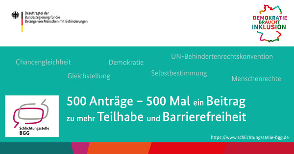 Textkachel mit der Aufschrift "500 Anträge - 500 Mal ein Beitrag zu mehr Teilhabe und Barrierefreiheit