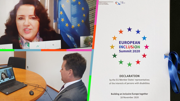 Collage aus drei Fotos zur Videokonferenz von Jürgen Dusel mit der EU-Kommissarin Helena Dalli (Bild hat eine Langbeschreibung)