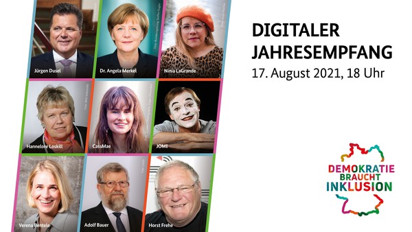 Collage mit Portaits der Teilnehmenden am Jahresempfang, unter anderem Jürgen Dusel und Bundeskanzlerin Dr. Angela Merkel