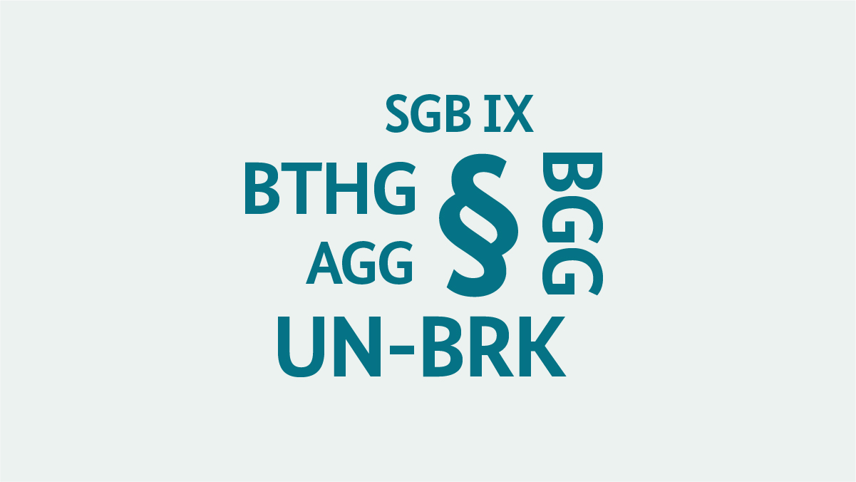 Eine Begriffswolke: UN-BRK, BTHG, SGB IX, BGG, AGG