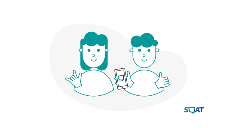 Grafik zeigt zwei Bürger, die ein Handy mit SQAT-Logo in der Hand halten